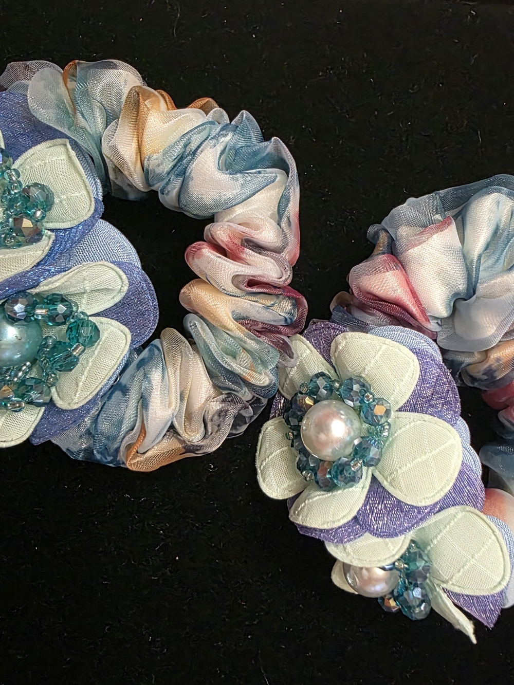 Pastel Multicolor Floral Scrunchie with Beaded Pearl Accent